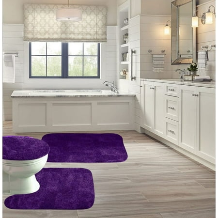 3-Piece Bathroom Rug Set Shiny PURPLE Soft Plush, Plain Large Rug, Contour Mat, and Toilet Lid Cover Rubber Backing