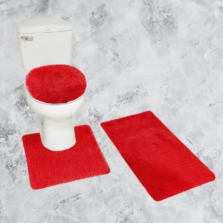 Gorgeous Home Linen 3pc Bathroom Soft Rug Set Large Rug , Contour Mat, and Toilet Lid Cover Rubber Backing Solid Color Red #6