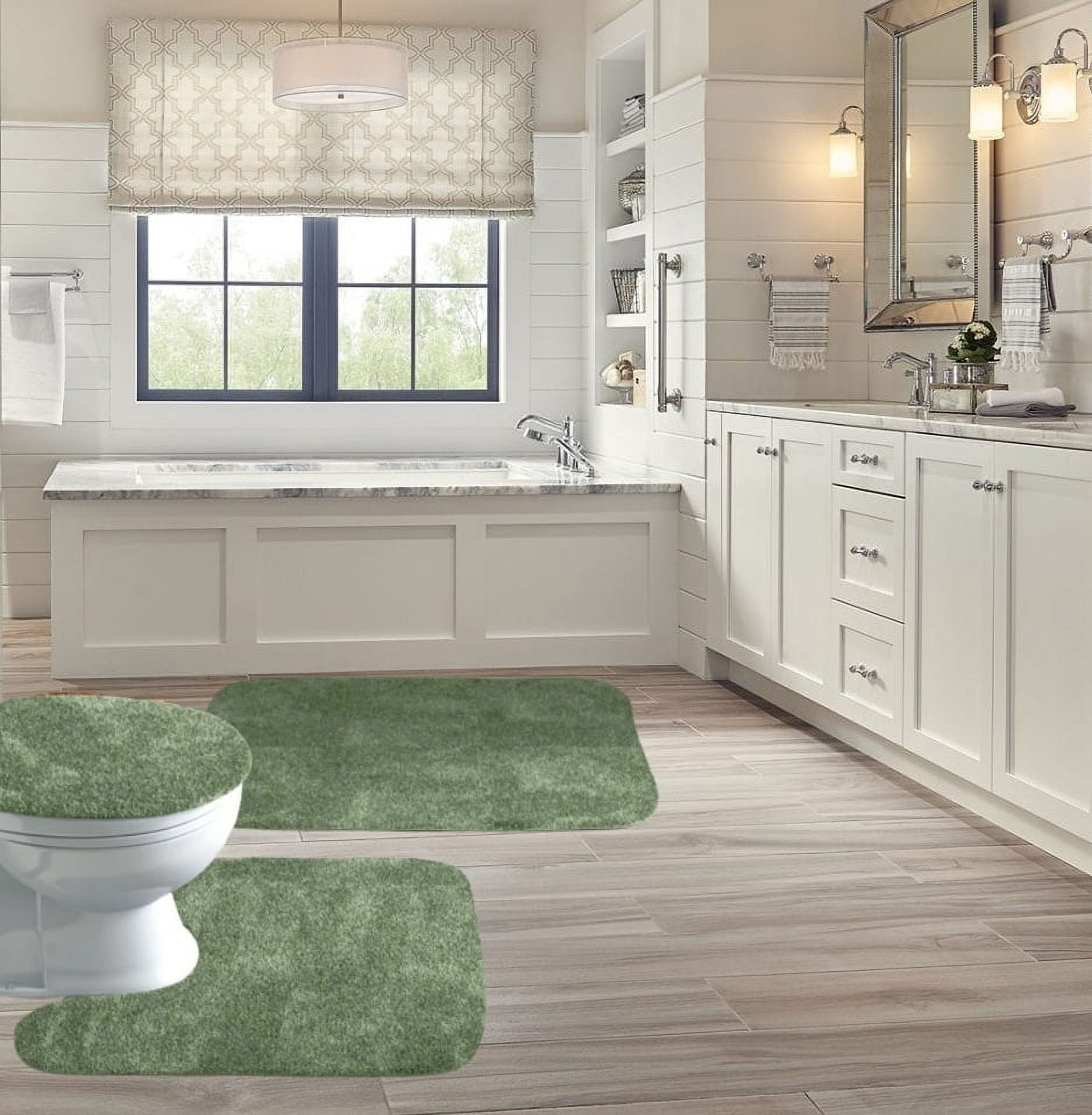 3-Piece Bathroom Rug Set Shiny SAGE GREEN Soft Plush, Plain Large Rug ...