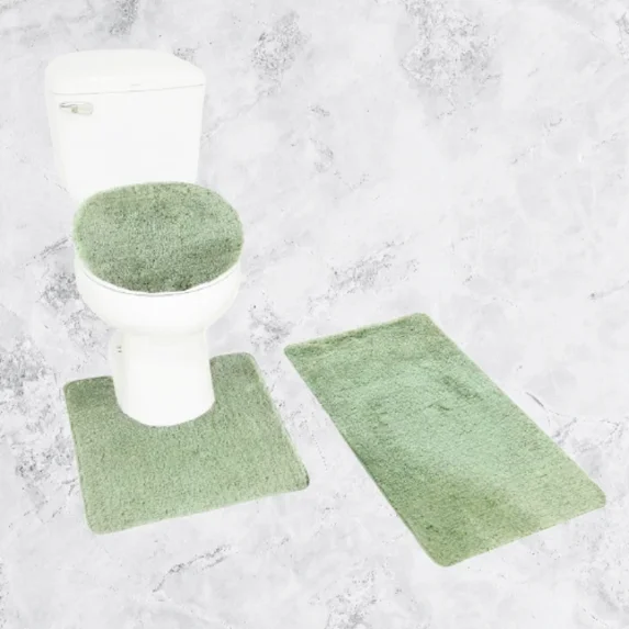 Gorgeous Home Linen 3pc Bathroom Soft Rug Set Large Rug , Contour Mat, and Toilet Lid Cover Rubber Backing Solid Color Sage Green #6