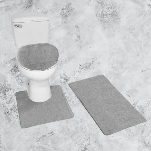 Gorgeous Home Linen 3pc Bathroom Soft Rug Set Large Rug , Contour Mat, and Toilet Lid Cover Rubber Backing Solid Color Silver Gray #6