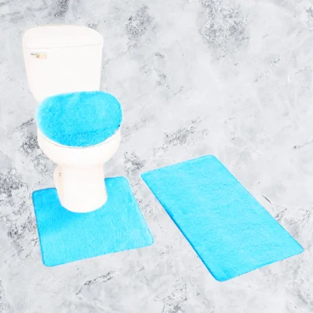 3-Piece Bathroom Rug Set Shiny TURQUOISE Soft Plush, Plain Large Rug , Contour Mat, and Toilet Lid Cover Rubber Backing