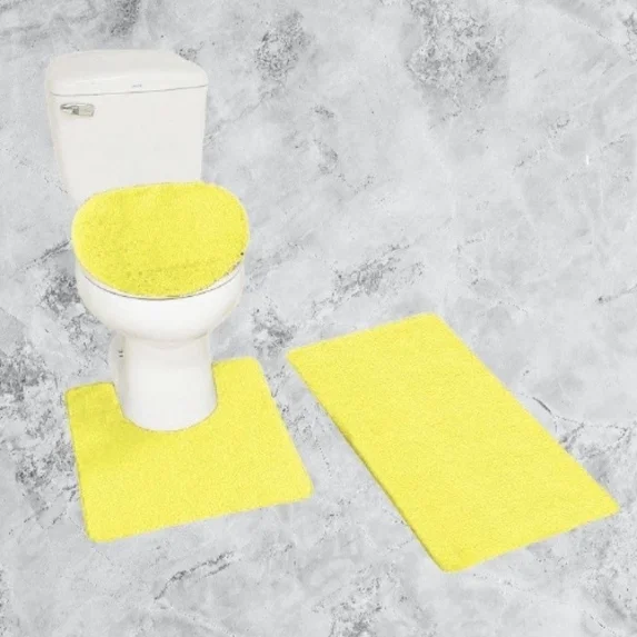 Gorgeous Home Linen 3pc Bathroom Soft Rug Set Large Rug , Contour Mat, and Toilet Lid Cover Rubber Backing Solid Color Yellow #6