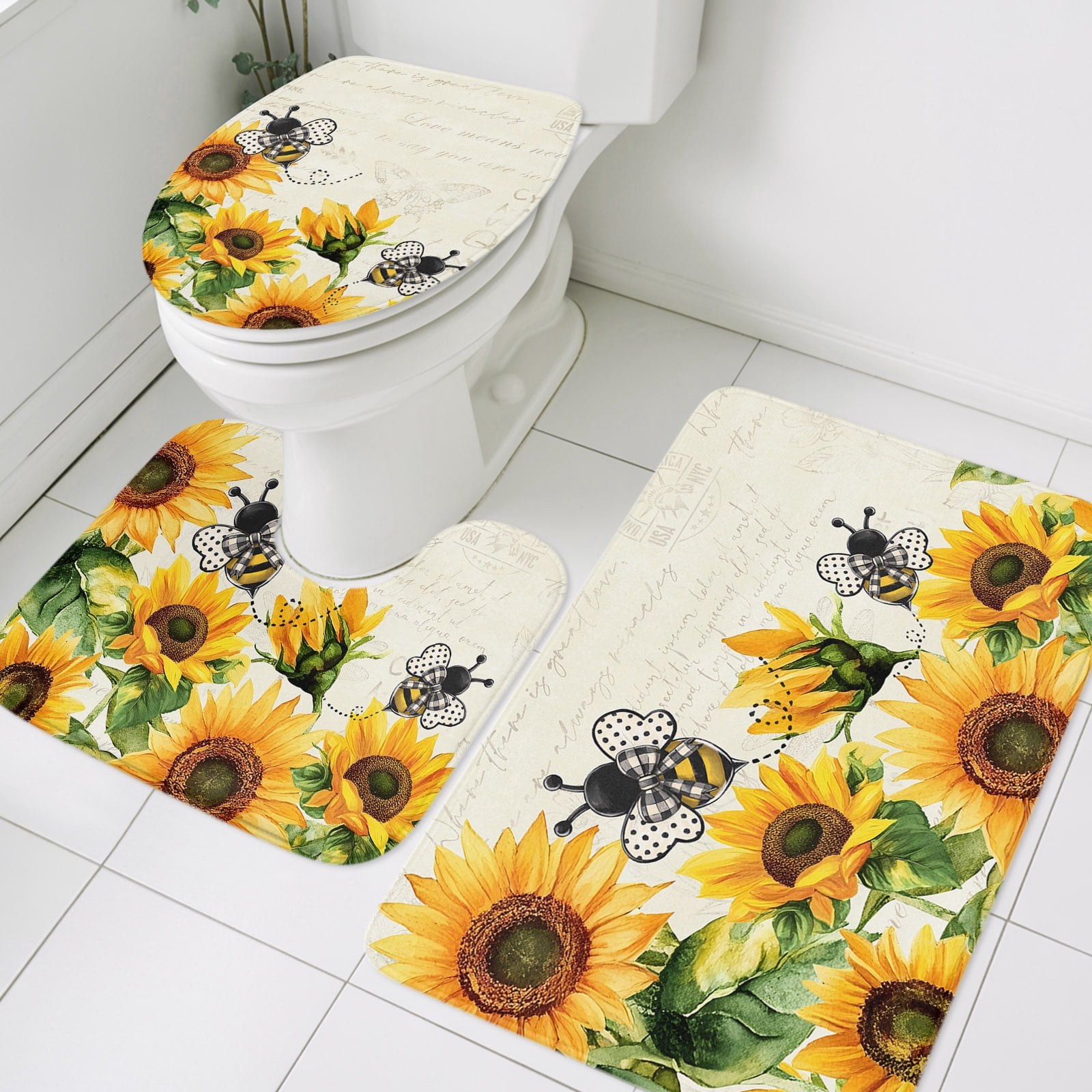 3 Piece Bathroom Rug Set, Sunflower Non Slip Bath Mat with Contour ...