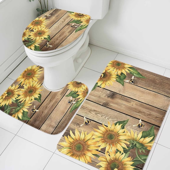 3 Piece Bathroom Rug Set, Sunflower Non Slip Bath Mat with Contour Toilet Mat and Lid Cover, Watercolor Spring Yellow Sunflowers Floral Bees Brown Wood Grain Absorbent Soft Shower Mats for Bathroom