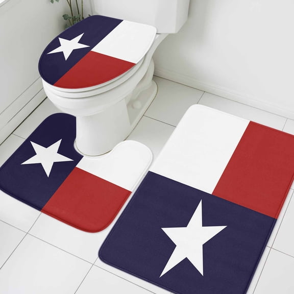 3 Piece Bathroom Rug Set, Texas Star Flag Non Slip Bath Mat with Contour Toilet Mat and Lid Cover, Star and White Red Stripe Absorbent Soft Shower Mats for Bathroom