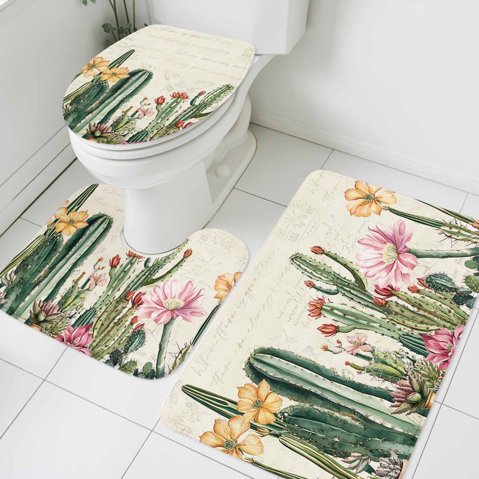 3 Piece Bathroom Rug Set, Tropical Plant Non Slip Bath Mat with Contour ...