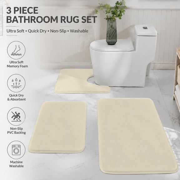 3 Piece Bathroom Rug Set, Ultra Soft Velvet Memory Foam Bath Mats, Non-Slip PVC Backing, Quick Dry, Washable Bathroom Floor Rugs - Ivory