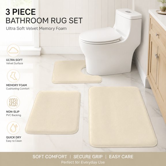 3 Piece Bathroom Rug Set, Ultra Soft Velvet Memory Foam Bath Mats, Non-Slip PVC Backing, Quick Dry and Washable Bath Floor Mats, Ivory
