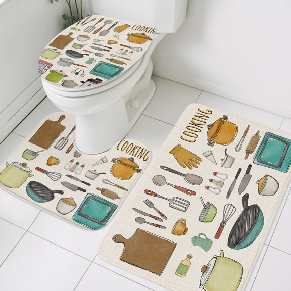3 Piece Bathroom Rug Set, Vintage Kitchenware Non Slip Bath Mat with Contour Toilet Mat and Lid Cover, Cooking Kitchen Pot Spatula Bowl Plate Absorbent Soft Shower Mats for Bathroom