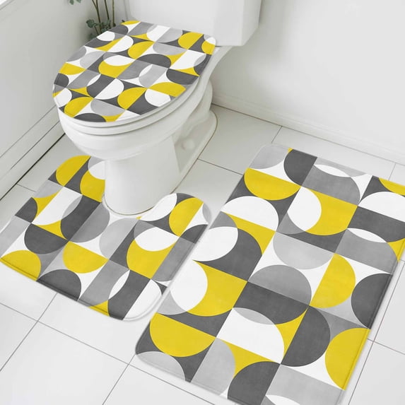 3 Piece Bathroom Rug Set, Vintage Mid-Century Non Slip Bath Mat with Contour Toilet Mat and Lid Cover, Modern Abstract Geometric Yellow Gray Absorbent Soft Shower Mats for Bathroom