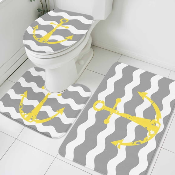 3 Piece Bathroom Rug Set, Yellow Nautical Non Slip Bath Mat with Contour Toilet Mat and Lid Cover, Anchor Grey Wavy Stripes Absorbent Soft Shower Mats for Bathroom