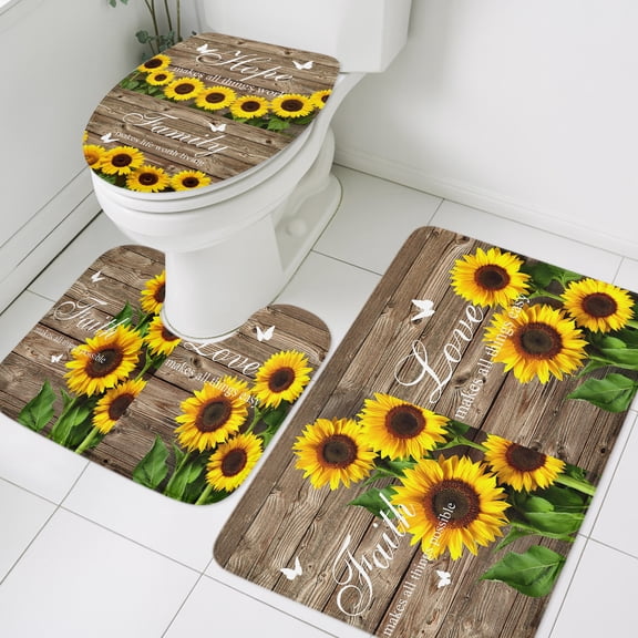 3 Piece Bathroom Rug Set, Yellow Sunflowers Non Slip Bath Mat with Contour Toilet Mat and Lid Cover, Love Family Brown Wood Striped Countryside Absorbent Soft Shower Mats for Bathroom