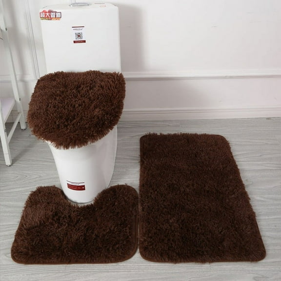 3 Piece Bathroom Rug Set with Toilet Cover, Bath Mats for Bathroom Non Slip, U-Shaped Contour Toilet Rugs, Absorbent Bath Mat Set 20x33 in Brown