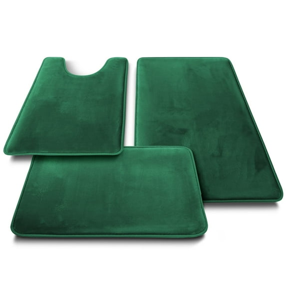 3 Piece Bathroom Rugs Bath Mat Set, Velvet Memory Foam Bath Mats, Non-Slip PVC Backing Washable Bath Rugs, Quick Dry, Includes Large, Small, Contour Mats, Green