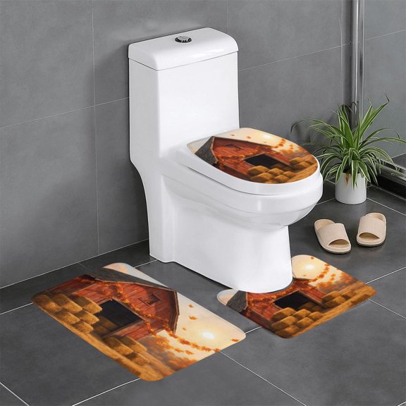 3 Piece Bathroom Rugs Set Flannel Non-Slip U-Shaped Mat For Toilet Absorbent Soft Bath Mat For Master Bath Kids Guest Suite Autumn Barn