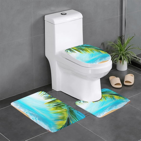 3 Piece Bathroom Rugs Set Flannel Non-Slip U-Shaped Mat For Toilet Absorbent Soft Bath Mat For Master Bath Kids Guest Suite Beach Palm Leaf (2) (1)