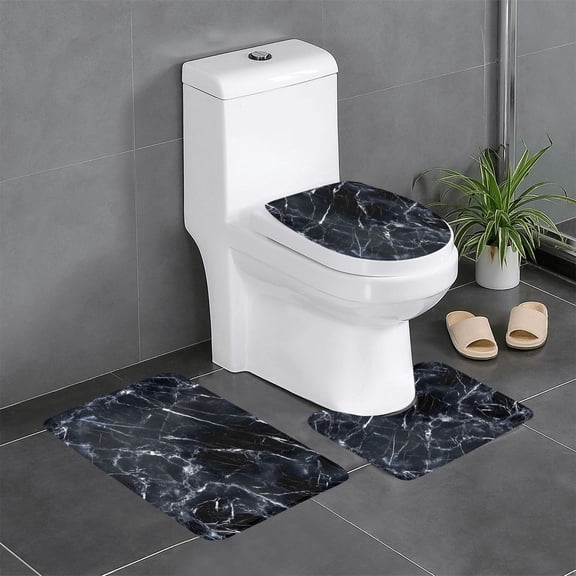 3 Piece Bathroom Rugs Set Flannel Non-Slip U-Shaped Mat For Toilet Absorbent Soft Bath Mat For Master Bath Kids Guest Suite Black Marble_4