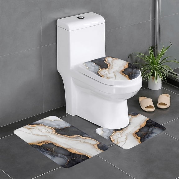 3 Piece Bathroom Rugs Set Flannel Non-Slip U-Shaped Mat For Toilet Absorbent Soft Bath Mat For Master Bath Kids Guest Suite Black White Gold Marble
