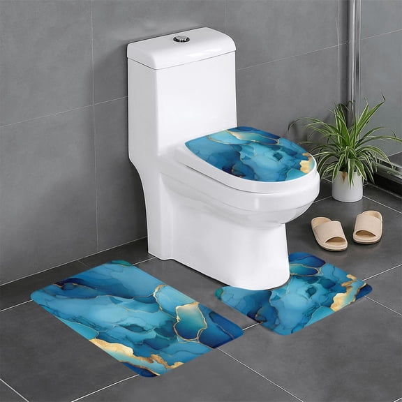 3 Piece Bathroom Rugs Set Flannel Non-Slip U-Shaped Mat For Toilet Absorbent Soft Bath Mat For Master Bath Kids Guest Suite Blue And Gold Marble