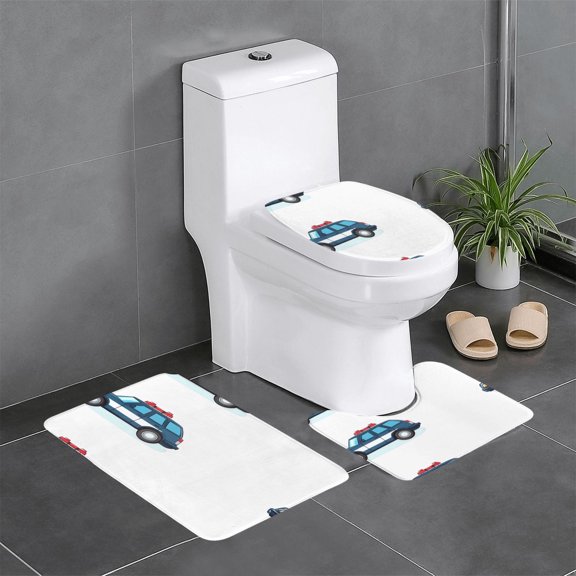 3 Piece Bathroom Rugs Set Flannel Non-Slip U-Shaped Mat For Toilet Absorbent Soft Bath Mat For Master Bath Kids Guest Suite Blue Car