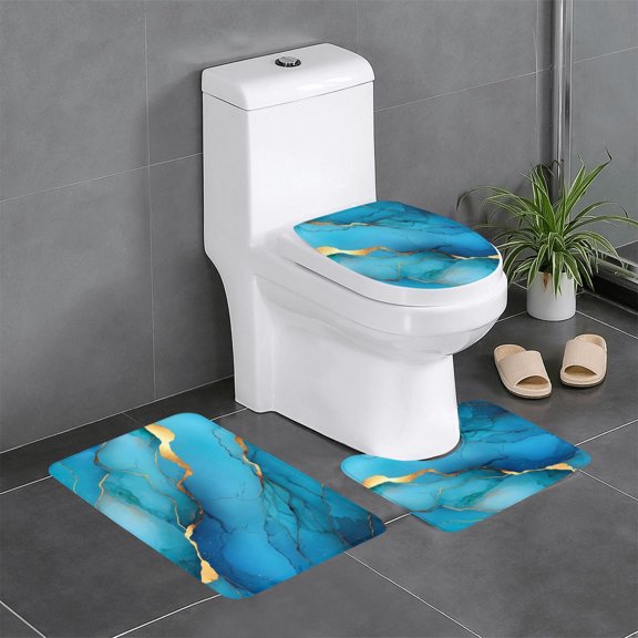 3 Piece Bathroom Rugs Set Flannel Non-Slip U-Shaped Mat For Toilet Absorbent Soft Bath Mat For Master Bath Kids Guest Suite Blue Gold Marble