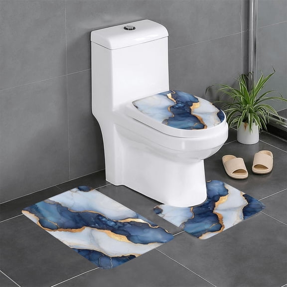 3 Piece Bathroom Rugs Set Flannel Non-Slip U-Shaped Mat For Toilet Absorbent Soft Bath Mat For Master Bath Kids Guest Suite Blue White Gold Marble
