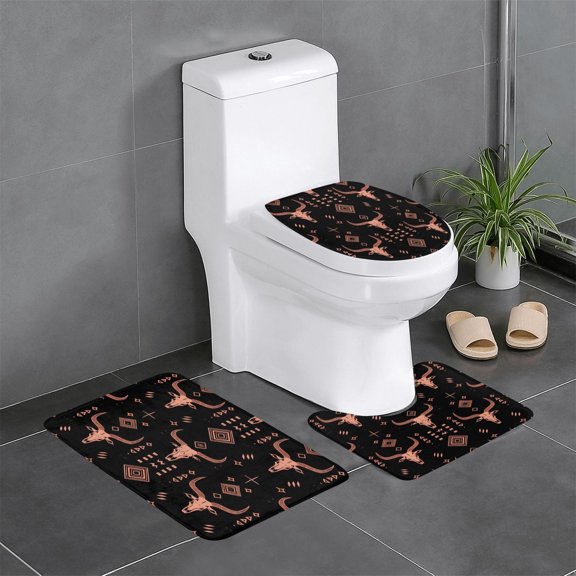 3 Piece Bathroom Rugs Set Flannel Non-Slip U-Shaped Mat For Toilet Absorbent Soft Bath Mat For Master Bath Kids Guest Suite Bohemian Cow Skull