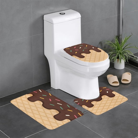 3 Piece Bathroom Rugs Set Flannel Non-Slip U-Shaped Mat For Toilet Absorbent Soft Bath Mat For Master Bath Kids Guest Suite Chocolate Ice Cream