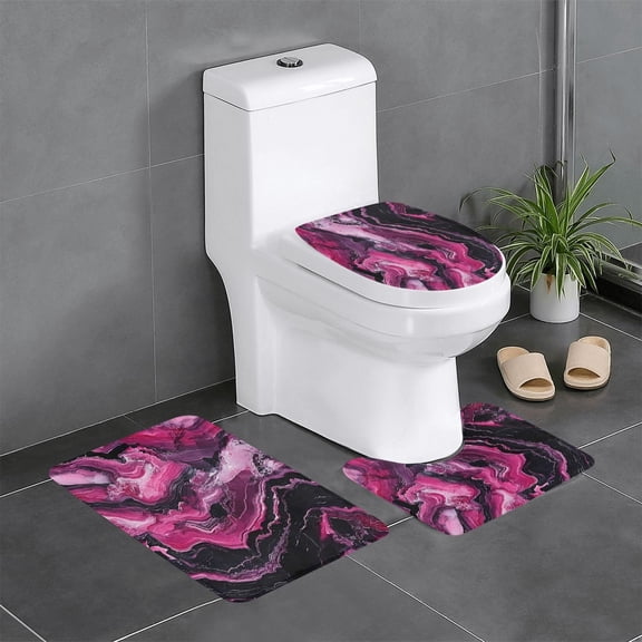 3 Piece Bathroom Rugs Set Flannel Non-Slip U-Shaped Mat For Toilet Absorbent Soft Bath Mat For Master Bath Kids Guest Suite Darkmagenta Marble_3
