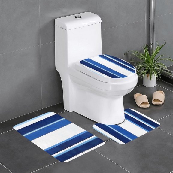 3 Piece Bathroom Rugs Set Flannel Non-Slip U-Shaped Mat For Toilet Absorbent Soft Bath Mat For Master Bath Kids Guest Suite Deepskyblue Stripe_2