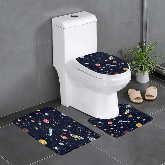 3 Piece Bathroom Rugs Set Flannel Non-Slip U-Shaped Mat For Toilet Absorbent Soft Bath Mat For Master Bath Kids Guest Suite Galaxy Planet