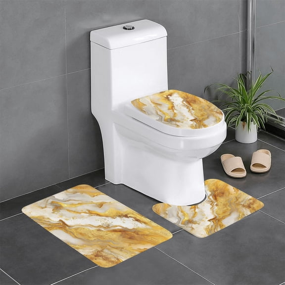 3 Piece Bathroom Rugs Set Flannel Non-Slip U-Shaped Mat For Toilet Absorbent Soft Bath Mat For Master Bath Kids Guest Suite Gold Marble_1