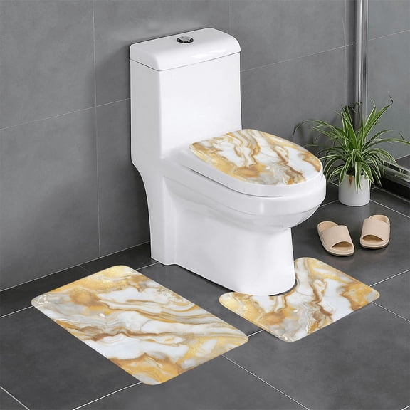 3 Piece Bathroom Rugs Set Flannel Non-Slip U-Shaped Mat For Toilet Absorbent Soft Bath Mat For Master Bath Kids Guest Suite Gold Marble_2