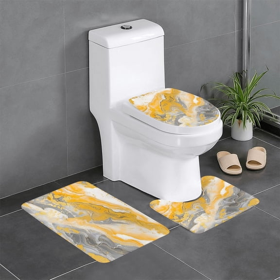 3 Piece Bathroom Rugs Set Flannel Non-Slip U-Shaped Mat For Toilet Absorbent Soft Bath Mat For Master Bath Kids Guest Suite Gold Marble_4