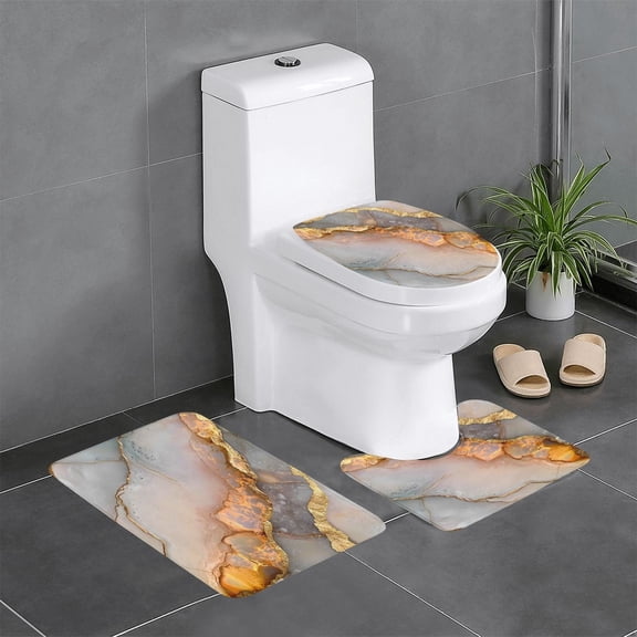 3 Piece Bathroom Rugs Set Flannel Non-Slip U-Shaped Mat For Toilet Absorbent Soft Bath Mat For Master Bath Kids Guest Suite Gray-White Gold Marble