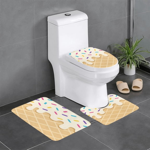 3 Piece Bathroom Rugs Set Flannel Non-Slip U-Shaped Mat For Toilet Absorbent Soft Bath Mat For Master Bath Kids Guest Suite Ice Cream Beige