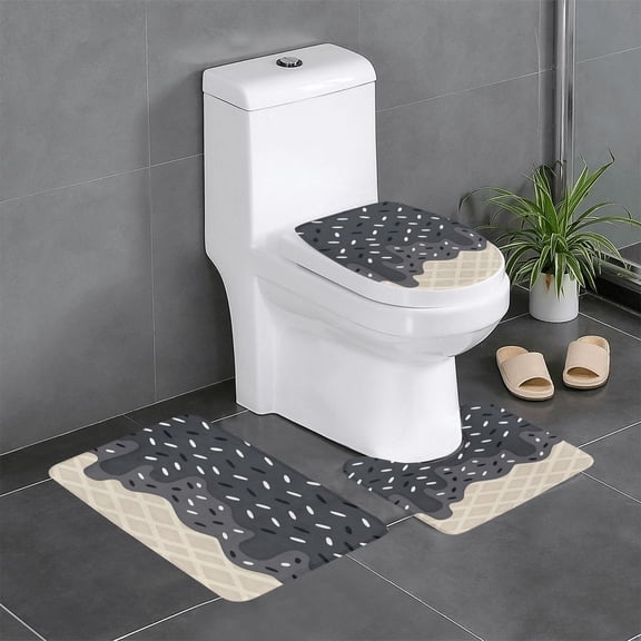 3 Piece Bathroom Rugs Set Flannel Non-Slip U-Shaped Mat For Toilet Absorbent Soft Bath Mat For Master Bath Kids Guest Suite Ice Cream Black