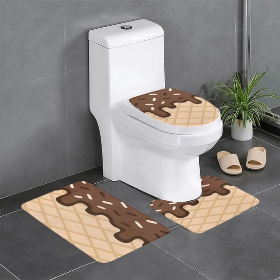 3 Piece Bathroom Rugs Set Flannel Non-Slip U-Shaped Mat For Toilet Absorbent Soft Bath Mat For Master Bath Kids Guest Suite Ice Cream Dark Brown