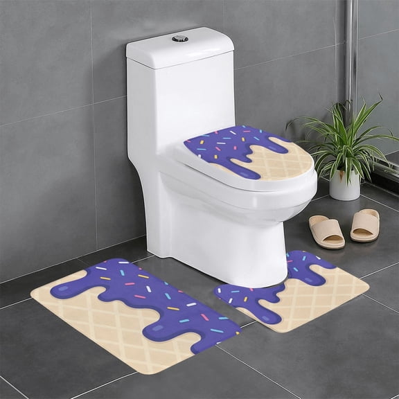 3 Piece Bathroom Rugs Set Flannel Non-Slip U-Shaped Mat For Toilet Absorbent Soft Bath Mat For Master Bath Kids Guest Suite Ice Cream Purple