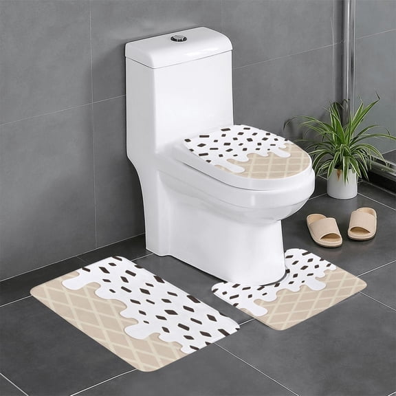 3 Piece Bathroom Rugs Set Flannel Non-Slip U-Shaped Mat For Toilet Absorbent Soft Bath Mat For Master Bath Kids Guest Suite Ice Cream White
