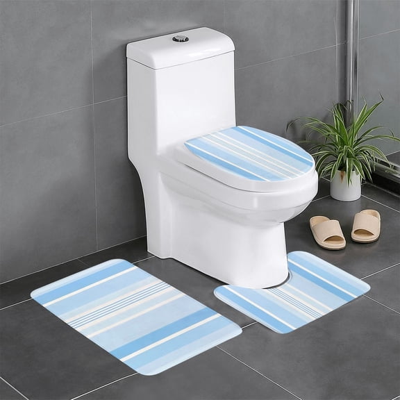 3 Piece Bathroom Rugs Set Flannel Non-Slip U-Shaped Mat For Toilet Absorbent Soft Bath Mat For Master Bath Kids Guest Suite Light Blue Stripe_3