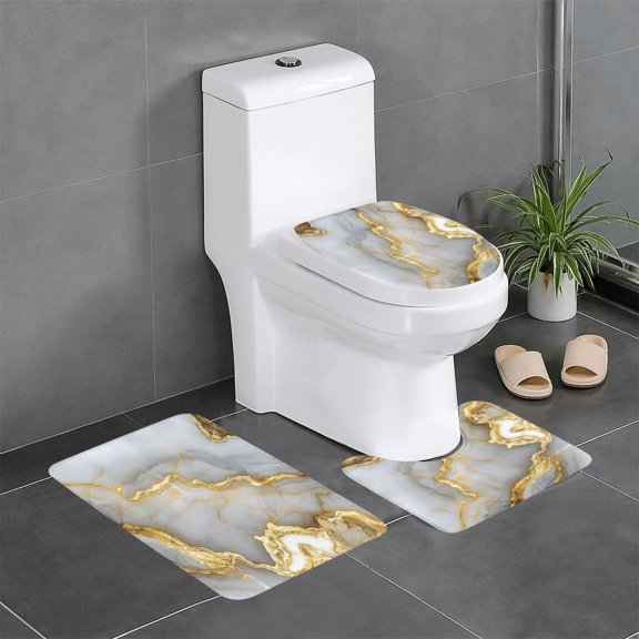 3 Piece Bathroom Rugs Set Flannel Non-Slip U-Shaped Mat For Toilet Absorbent Soft Bath Mat For Master Bath Kids Guest Suite Marble White Yellow