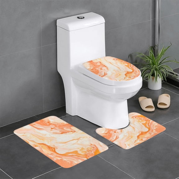 3 Piece Bathroom Rugs Set Flannel Non-Slip U-Shaped Mat For Toilet Absorbent Soft Bath Mat For Master Bath Kids Guest Suite Peachpuff Marble_1