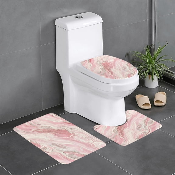 3 Piece Bathroom Rugs Set Flannel Non-Slip U-Shaped Mat For Toilet Absorbent Soft Bath Mat For Master Bath Kids Guest Suite Pink Marble_21256_3