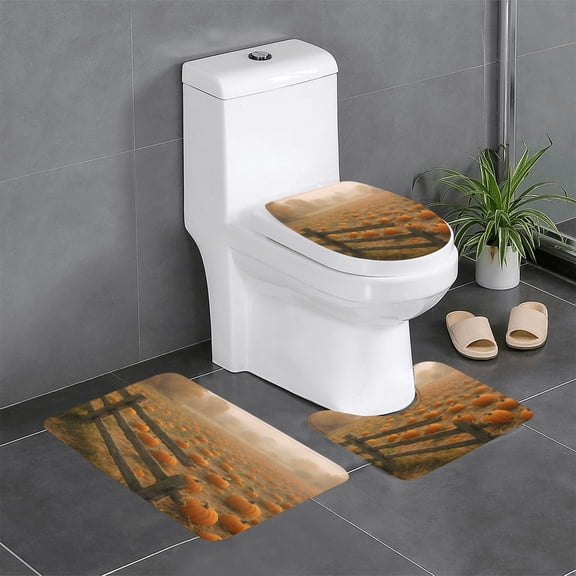 3 Piece Bathroom Rugs Set Flannel Non-Slip U-Shaped Mat For Toilet Absorbent Soft Bath Mat For Master Bath Kids Guest Suite Pumpkin Patch