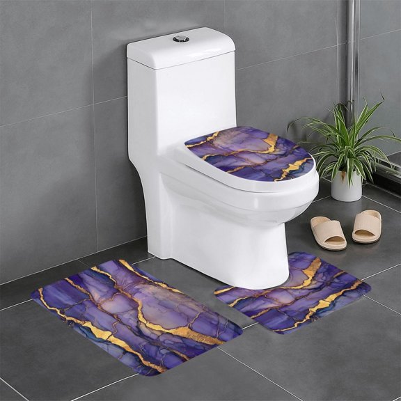 3 Piece Bathroom Rugs Set Flannel Non-Slip U-Shaped Mat For Toilet Absorbent Soft Bath Mat For Master Bath Kids Guest Suite Purple Gold Marble