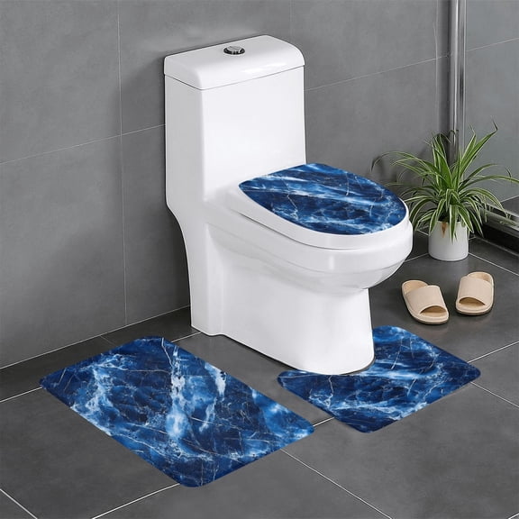 3 Piece Bathroom Rugs Set Flannel Non-Slip U-Shaped Mat For Toilet Absorbent Soft Bath Mat For Master Bath Kids Guest Suite Royalblue Marble_1
