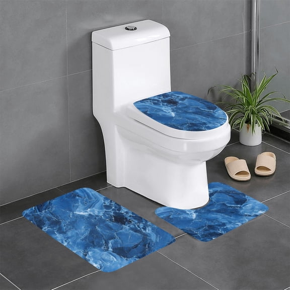 3 Piece Bathroom Rugs Set Flannel Non-Slip U-Shaped Mat For Toilet Absorbent Soft Bath Mat For Master Bath Kids Guest Suite Royalblue Marble_3