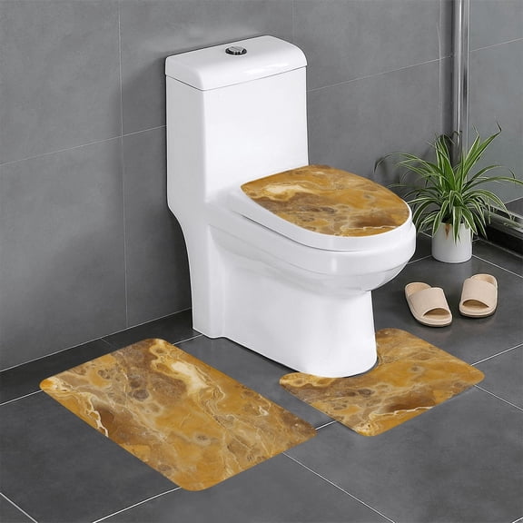 3 Piece Bathroom Rugs Set Flannel Non-Slip U-Shaped Mat For Toilet Absorbent Soft Bath Mat For Master Bath Kids Guest Suite Sandybrown Marble_3